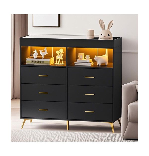 gaomon Dresser for Bedroom with 6 Drawers, Multi-Functional Nursery Dresser with Led Lights & Charging Station - Black