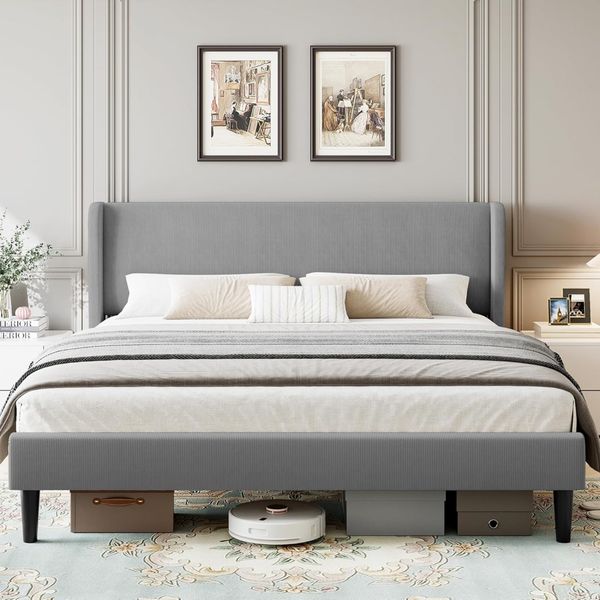 Gaomon King Upholstered Platform Bed Wingback Headboard Velvet 2 Storage Pockets Wooden Slat Support Box Spring Optional Light - grey