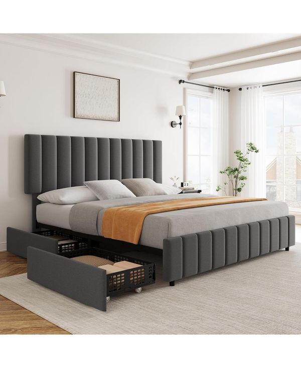 gaomon Linen Upholstered Platform Bed Frame with 4 Storage Drawers, Adjustable Headboard, Wooden Slats Support, No Box Spring Needed. - Black