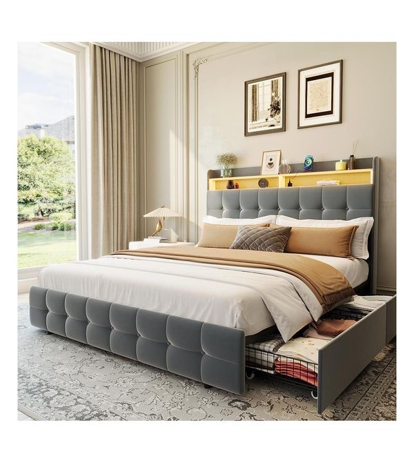 gaomon Bed Frame with 2 Storage Drawers, Upholstered Bed Frame Full with Led Light, Double-Layer Bedside Headboard with Charging Socket - Grey