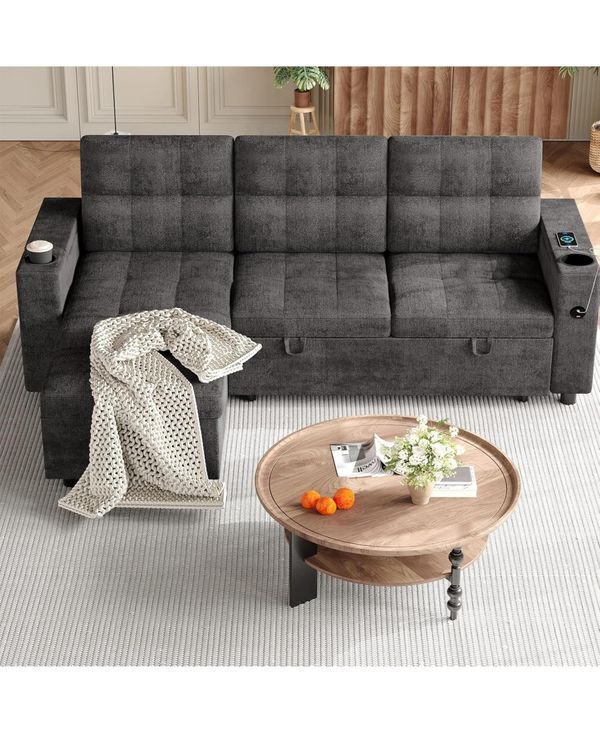 gaomon Couches for Living Room Shaped Sectional Sleeper Sofa with Pull Out Bed, Comfy Sofa Bed with Charging Ports and Storage Armrests - Grey