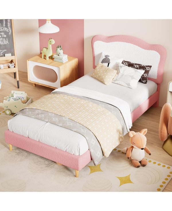 Homfan Boucle Upholstered Kids Bed Frame with Headboard, Wooden Slats, No Box Spring Needed