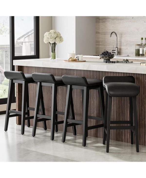 gaomon Counter Height Bar Stools Set of 4, Wood Frame Pu Leather Seat for Kitchen Island - Black