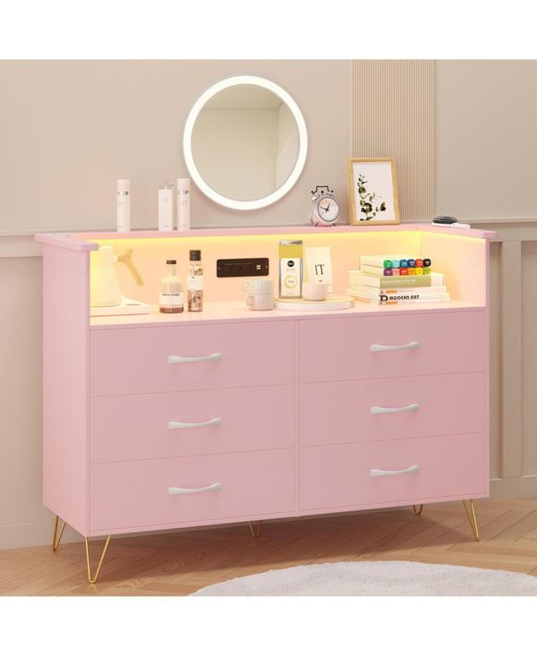 gaomon 6-Drawer Bedroom Dresser with Led Lighting and Power Outlet Wide Modern Chest with 2-Tier Open Storage for Living Room Hallway or Entryway - Pi