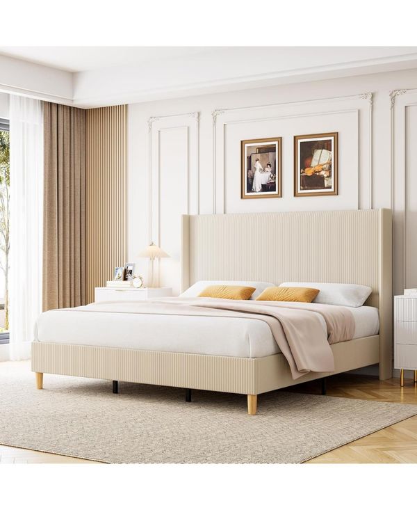 gaomon Size Corduroy Upholstered Platform Bed Frame with 51" Wingback Headboard, Vertical Stripes, Wooden Slats, No Box Spring Needed - Beige