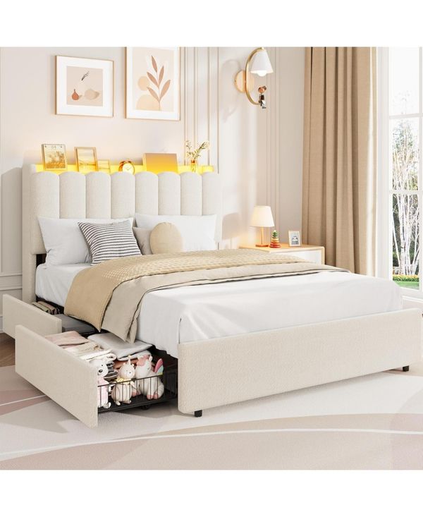 Gaomon Full Size Boucle Upholstered Platform Bed with Wavy Headboard, Storage Bookcase, 2 Drawers, No Box Spring Needed - White