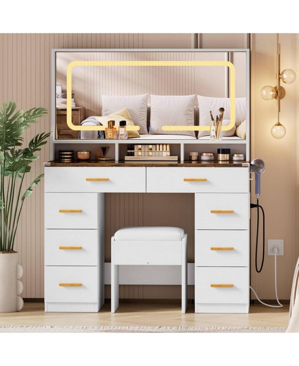 gaomon 42" Led Makeup Vanity Desk with Large Mirror, 8 Drawers & Charging Station, Modern Dressing Table with Glass Top, Storage Stool - White  r