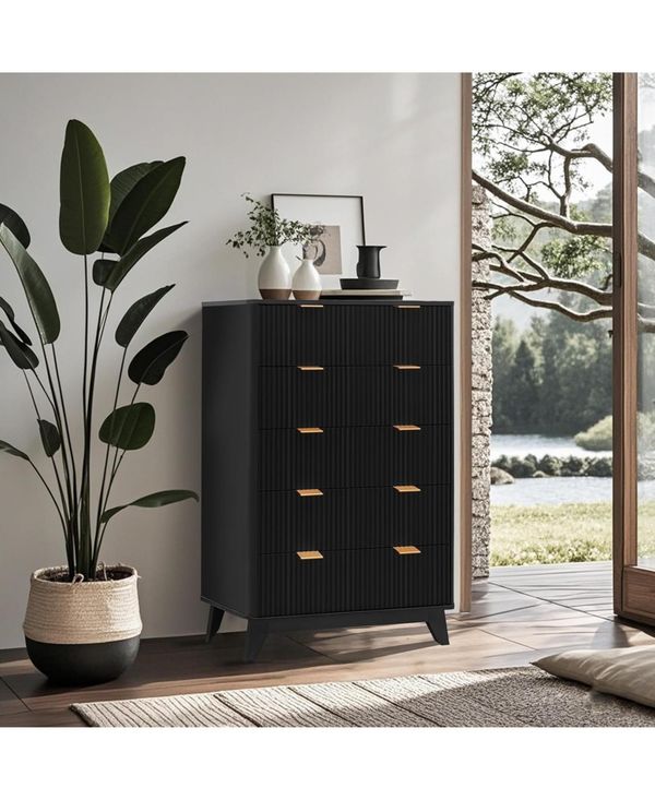 gaomon 5 Drawers Dresser for Bedroom, Tall Mid Century Modern Dresser Chest of Drawers, Fluted Tall Dressers for Bedroom, Living Room. - Black