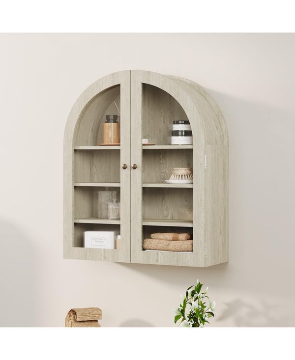 homfan Arched Bathroom Wall Cabinet with Glass Doors and Adjustable Shelves, Wood Over Toilet Storage Organizer for Bathroom and Laundry Room - Brown