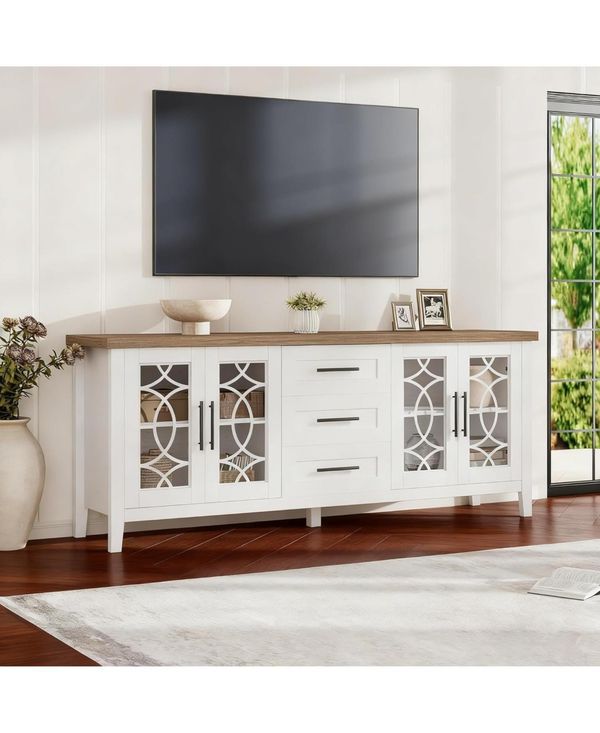 Gaomon Farmhouse Tv Stand, Entertainment Center for 75 Inch Tv, Media Console Tablefor Living Room, Bedroom, Grey - White