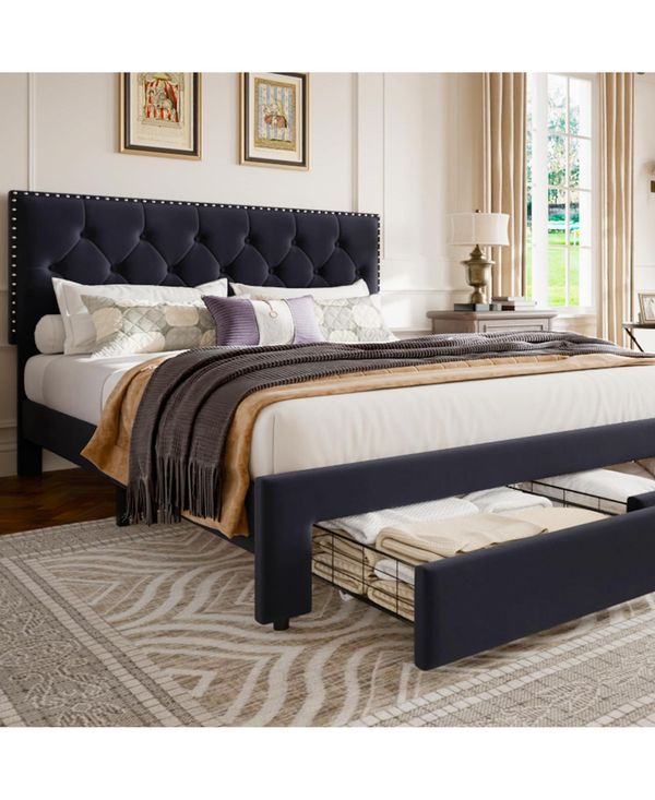 Homfan Upholstered Bed Frame with 2 Storage Drawers, Velvet Headboard and Wooden Slat Support - Black