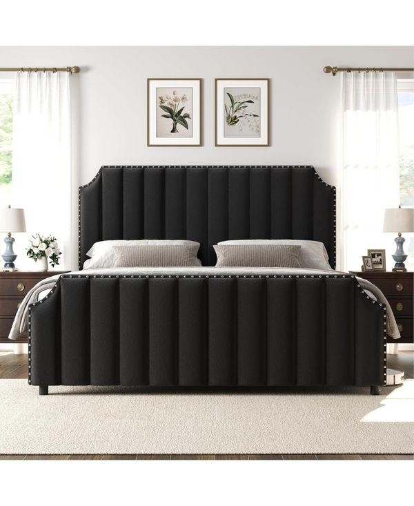 gaomon Velvet Upholstered Platform Bed with Tall Tufted Headboard - Black