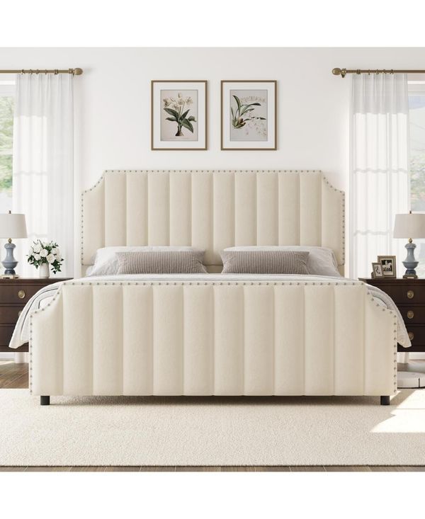 gaomon Velvet Upholstered Platform Bed with Tall Tufted Headboard - Beige/Khaki
