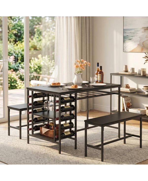 homfan 3 Piece Dining Table Set with Tuck-In Benches, Wine Bottle Storage, Stemware Holder and Adjustable Shelving Home Bar Set - Black
