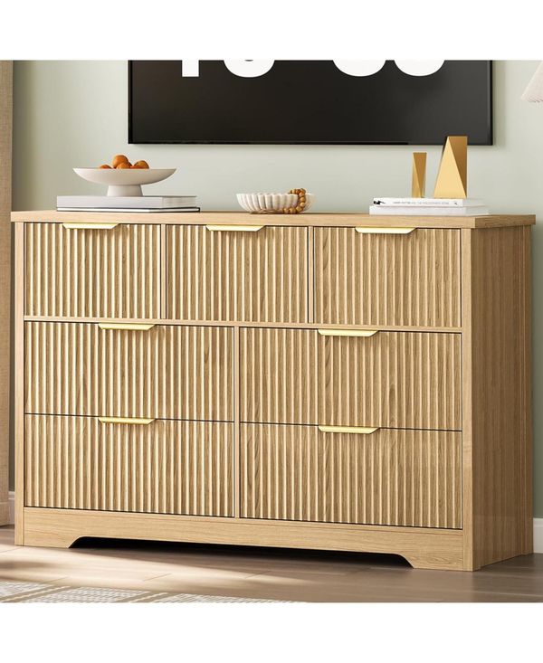 gaomon 7-Drawer Fluted Bedroom Dresser, Long Wood Storage Cabinet with Metal Handles, Modern Tv Stand and Wicker Drawer Chest, Natural Oak