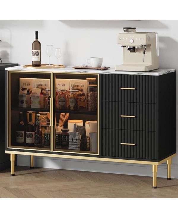Gaomon 46.4" Fluted Buffet Sideboard Cabinet, Large Kitchen Storage with 2 Glass Doors, 3 Drawers & Shelves, Faux Marble Top Table - black
