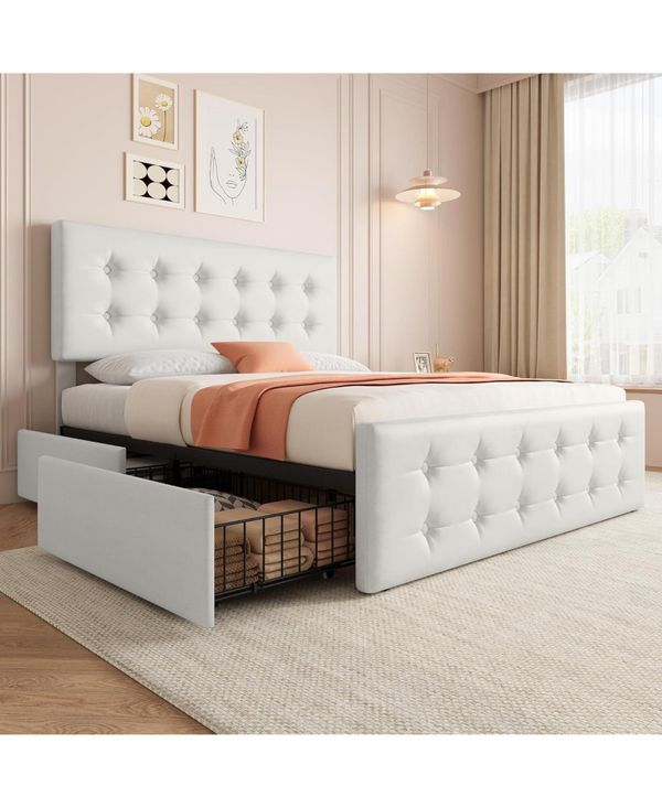 Gaomon Faux Leather with Button-Tufted Headboard, 4 Storage Drawers, Sturdy Wood Slats, No Box Spring Platform Bed - Beige Overflow