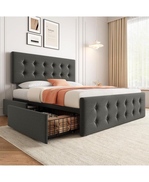 Gaomon Faux Leather with Button-Tufted Headboard, 4 Storage Drawers, Sturdy Wood Slats, No Box Spring Platform Bed - Grey