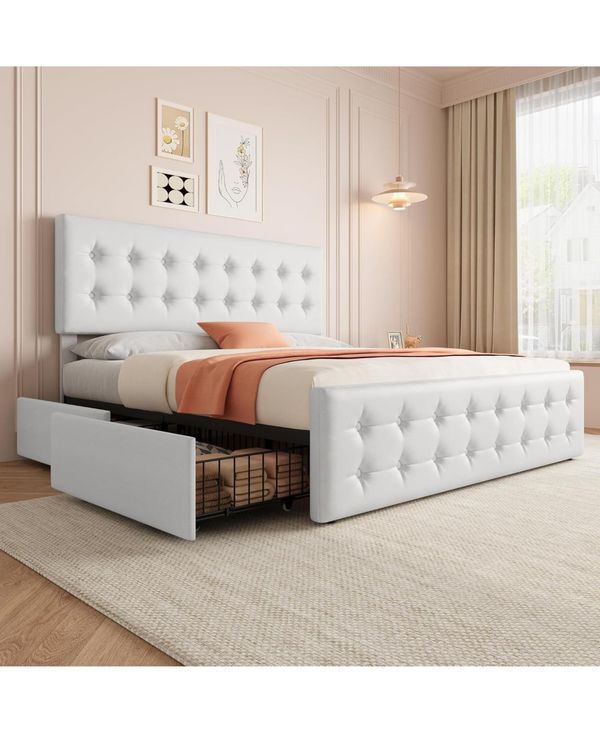 Gaomon Faux Leather with Button-Tufted Headboard, 4 Storage Drawers, Sturdy Wood Slats, No Box Spring Platform Bed - White