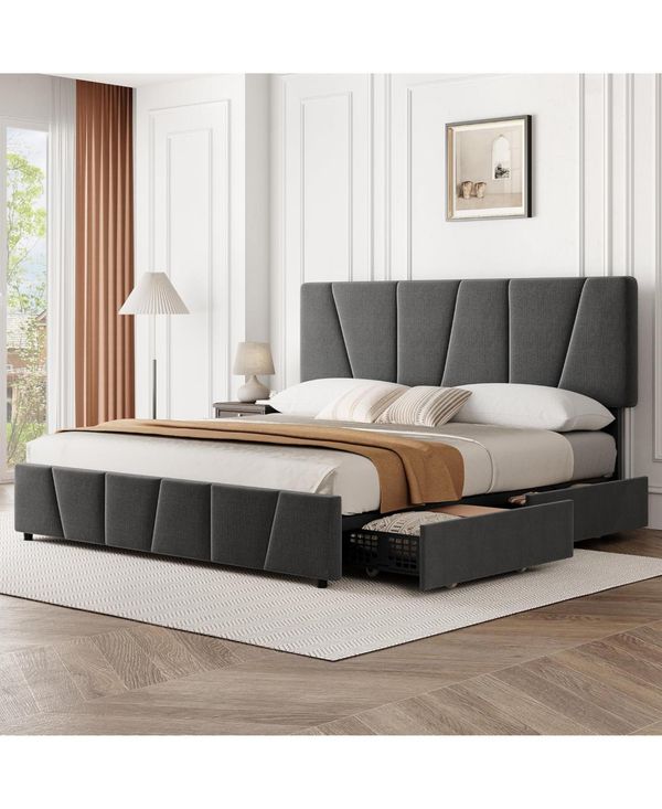 gaomon Bed Frame with Adjustable Headboard and 4 Storage Drawers, Soft Upholstered Platform Bed Frames with Wooden Slats Support - Dark Grey