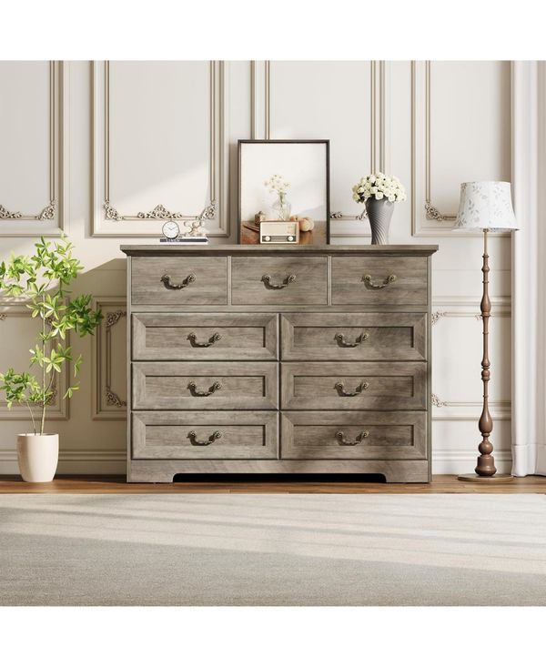 gaomon Farmhouse 9-Drawer Dresser, Rustic Vintage Chest with Natural Texture, Spacious Storage Organizer, Grey - Grey