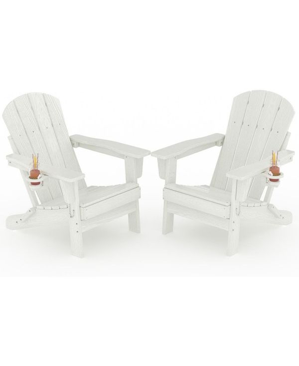 gaomon Folding Adirondack Chair Set of 2, Hdpe Outdoor Patio Chair with Cup Holder, All Weather Resistent Wooden Textured for patios, Decks, Gardens -