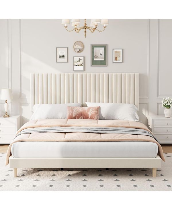 gaomon King Bed Frame with Adjustable Headboard, Velvet Upholstered Platform King Size Bed Frame, Vertical Channel Tufted, Strong Wooden Slats - Beige