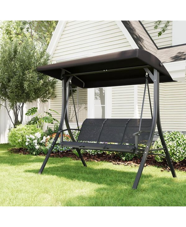 gaomon 3-Seat Porch Swing Chair, Outdoor Patio Hanging Swing with Adjustable Canopy and Armrests, Breathable Textilene Fabric Seat and Backrest - Blac