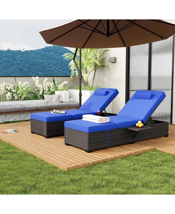 gaomon Set of 2 Adjustable Chaise Lounge Chairs with Foldable Side Table - Blue