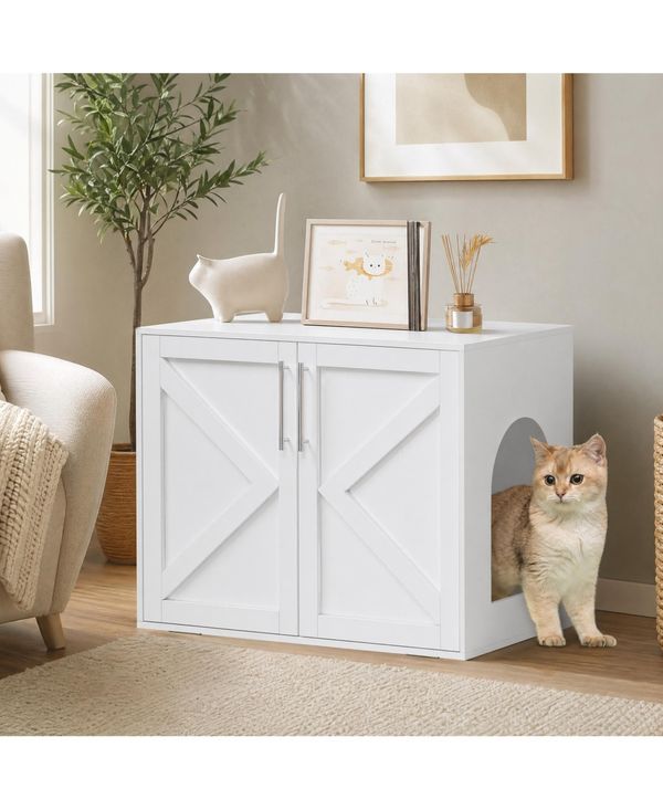 homfan Hidden Cat Litter Box Enclosure Furniture with Ventilation and Easy-Clean Doors, Multi-Use Tv Stand/Side Table/Coffee Table, Durable Wood - Whi