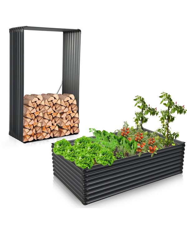 Costway 2 Pieces Galvanized Raised Garden Bed Outdoor Planter Box Firewood Rack Log Holder - Grey