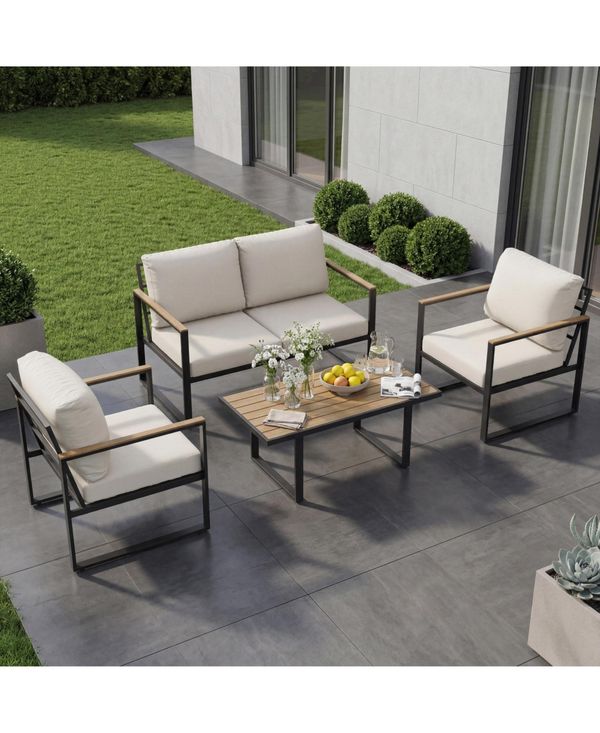 homfan Outdoor Patio Conversation Set with Coffee Table Thick Washable Cushions and Deep Seating for Garden or Deck - Beige/Khaki