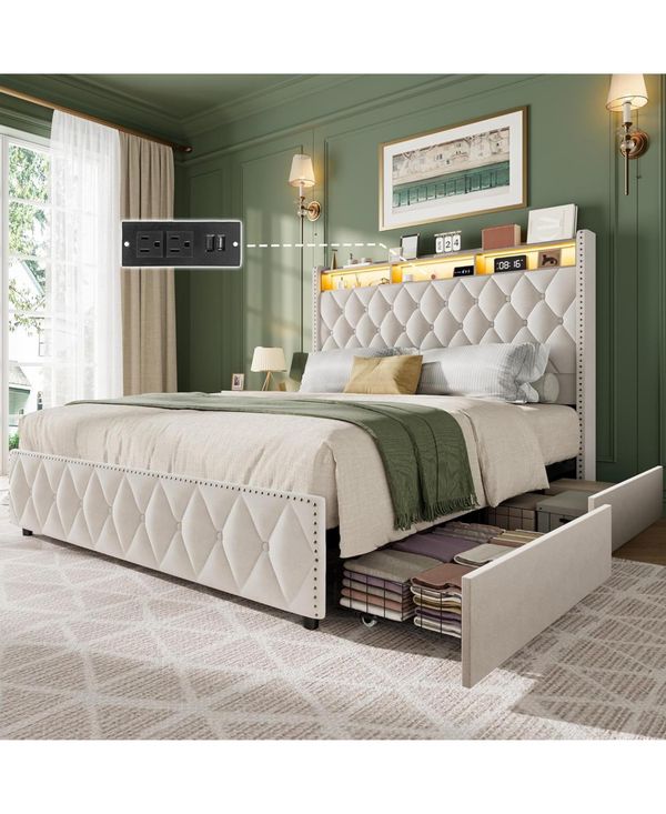 gaomon Queen Size Velvet 51" Tall Headboard, 4 Storage Drawers, Usb, Led Lights Bed Frame - Beige