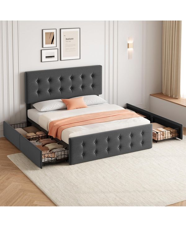 gaomon Queen Bed Frame with Headboard & 4 Storage Drawers, Square Stitched Button Tufted Platform - Dark grey