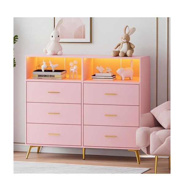 gaomon Dresser for Bedroom with 6 Drawers, Multi-Functional Nursery Dresser with Led Lights & Charging Station - Pink