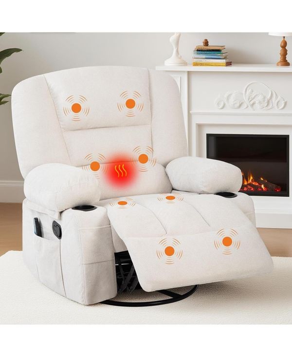 Gaomon Massage Rocking Recliner Chair with Vibration and Heat, 360° Swivel Chenille Rocker Chairs for Living Room - Beige overflow