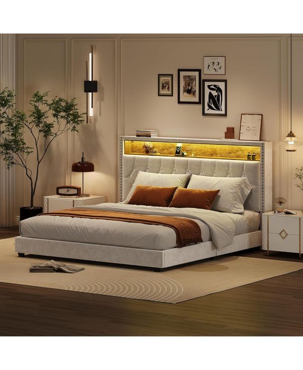 Gaomon Queen Size Floating Bed Frame with Led Lights, Velvet Upholstered Platform, Storage Headboard, No Box Spring Needed - White