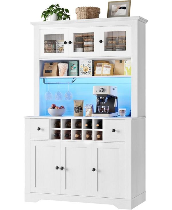 gaomon 68.7 " Pantry Cabinet with Led Light and Charging Station, Kitchen Pantry Storage Cabinet with Countertop - White
