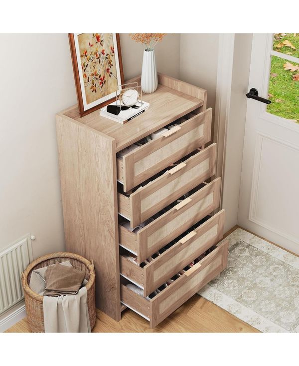 gaomon 46" Tall Rattan Dresser with 5 Drawers, Wooden Chest of Dresser for Bedroom, Large Metal Handles Boho Night Stand Storage - Natural