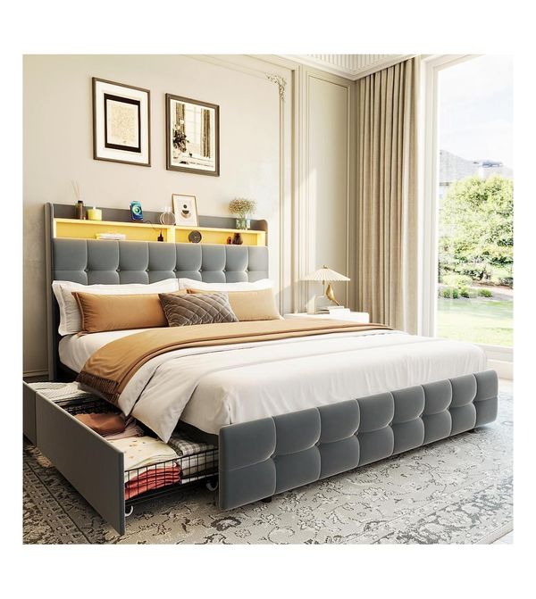gaomon Bed Frame Queen with Headboard and 2 Storage Drawers, Modern Soft Bed with Charging Socket and Usb - Grey