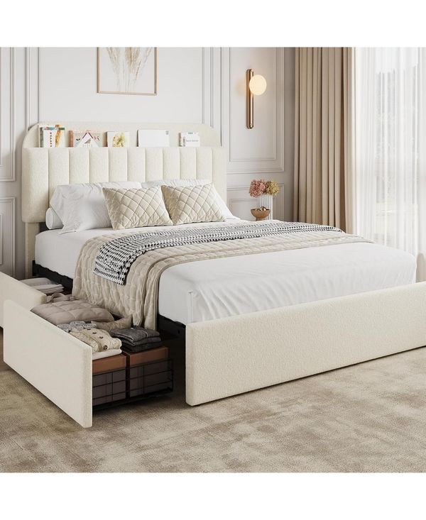 gaomon Bed Frame with Storage Headboard, Kids Bed Frame with 2 Drawers, Boucle Upholstered Platform Bed with Bookcase, No Box Spring Needed - Beige wh