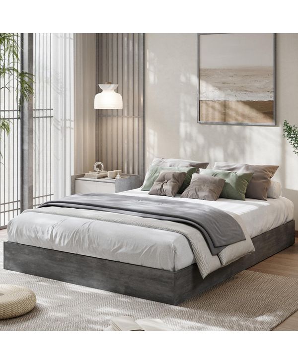 Homfan Wood Platform Bed Frame in Washed, Floor Style, No Headboard, No Box Spring Needed