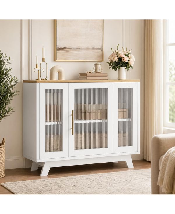 homfan Fluted Glass Door Entryway Cabinet with 3 Drawers and Adjustable Shelf, Modern Chic Storage Console with Spacious Top, Easy Assembly - Natural