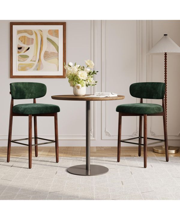 homfan 2/4 Upholstered Bar Stools, 26 Counter Height with Wood Legs, Kitchen Island Stools with Back, Linen Fabric, Curved Back, Metal Footrest, Kitch