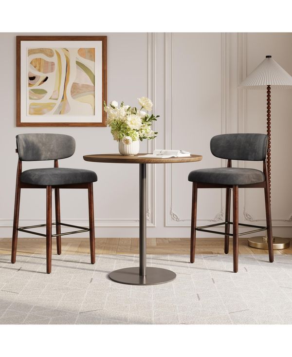 homfan 2/4 Upholstered Bar Stools, 26 Counter Height with Wood Legs, Kitchen Island Stools with Back, Linen Fabric, Curved Back, Metal Footrest, Kitch