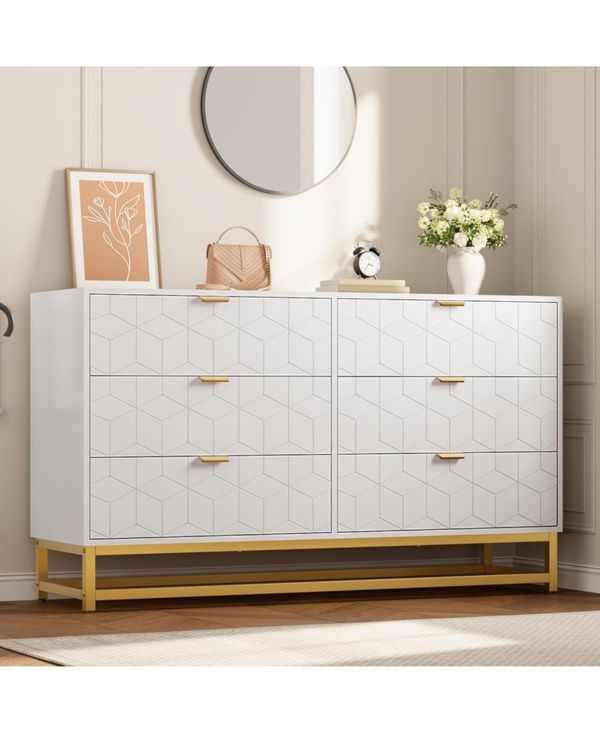 gaomon 53.5" Wide Modern 6 Drawer Dresser, Wide Chest with Gold Metal Legs & Handles, Wood Storage Organizer for Bedroom, Living Room, Hallway -
