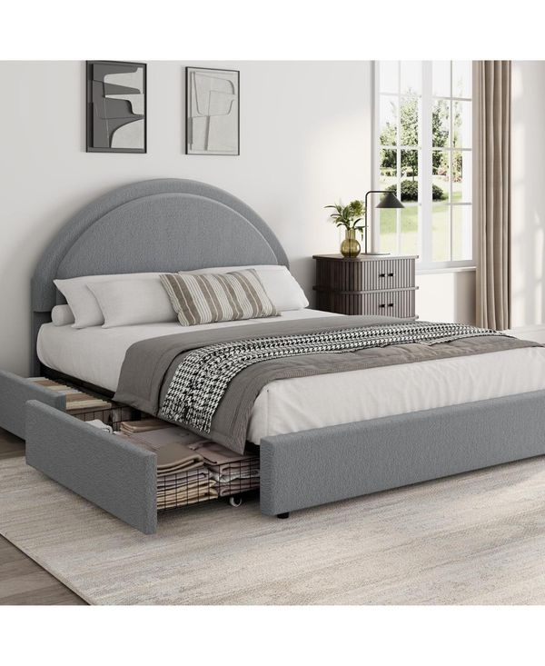 gaomon Bed Frame with Storage Drawers, Upholstered Boucle Platform Bed, Round Headboard, Heavy-Duty & Noise-Free, No Box Spring Needed - Grey