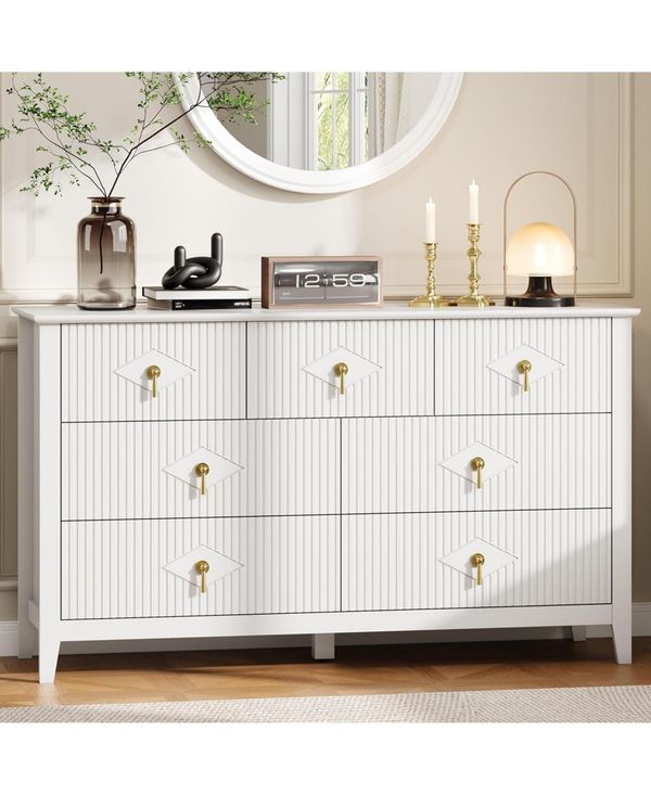 Gaomon Fluted Dresser 54 Inch Wide, 7-Drawer Wood Dresser for Bedroom, Modern Chest of Drawers, Storage Organizer Cabinet - White