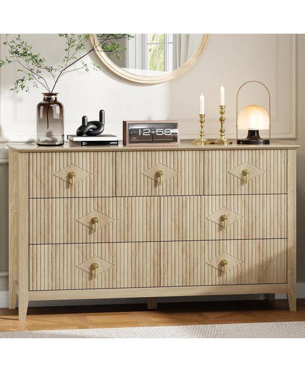 Gaomon Fluted Dresser 54 Inch Wide, 7-Drawer Wood Dresser for Bedroom, Modern Chest of Drawers, Storage Organizer Cabinet - Natural
