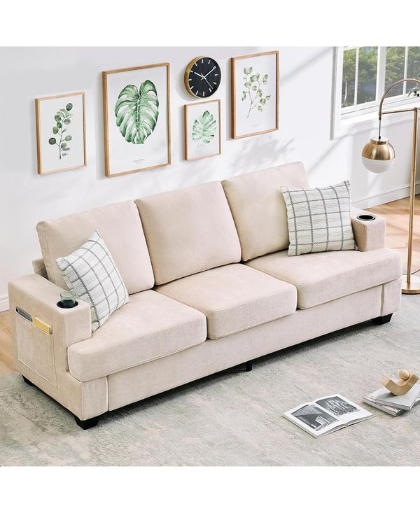 gaomon 89-Inch Modern 3-Seater Sofa Couch with Cup Holders and Side Storage Pockets, Comfy Couches with Deep Seat for Living Room Apartment Lounge - B